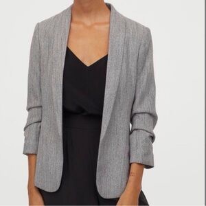 H&M light gray open front scrunch sleeve herringbone blazer jacket 10